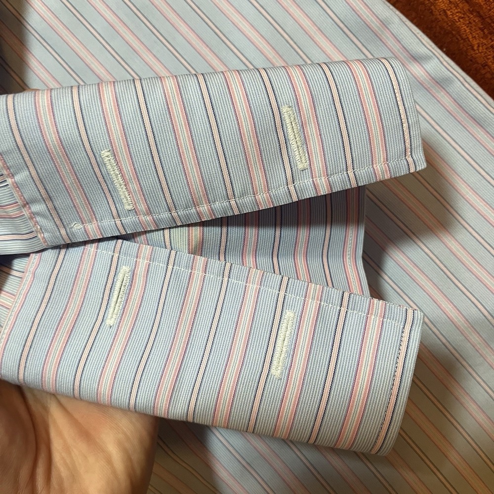 Brooks Brothers Shirt Mens 15.5 33 Blue Pink Plaid Striped Non-Iron French Cuff - Picture 5 of 10
